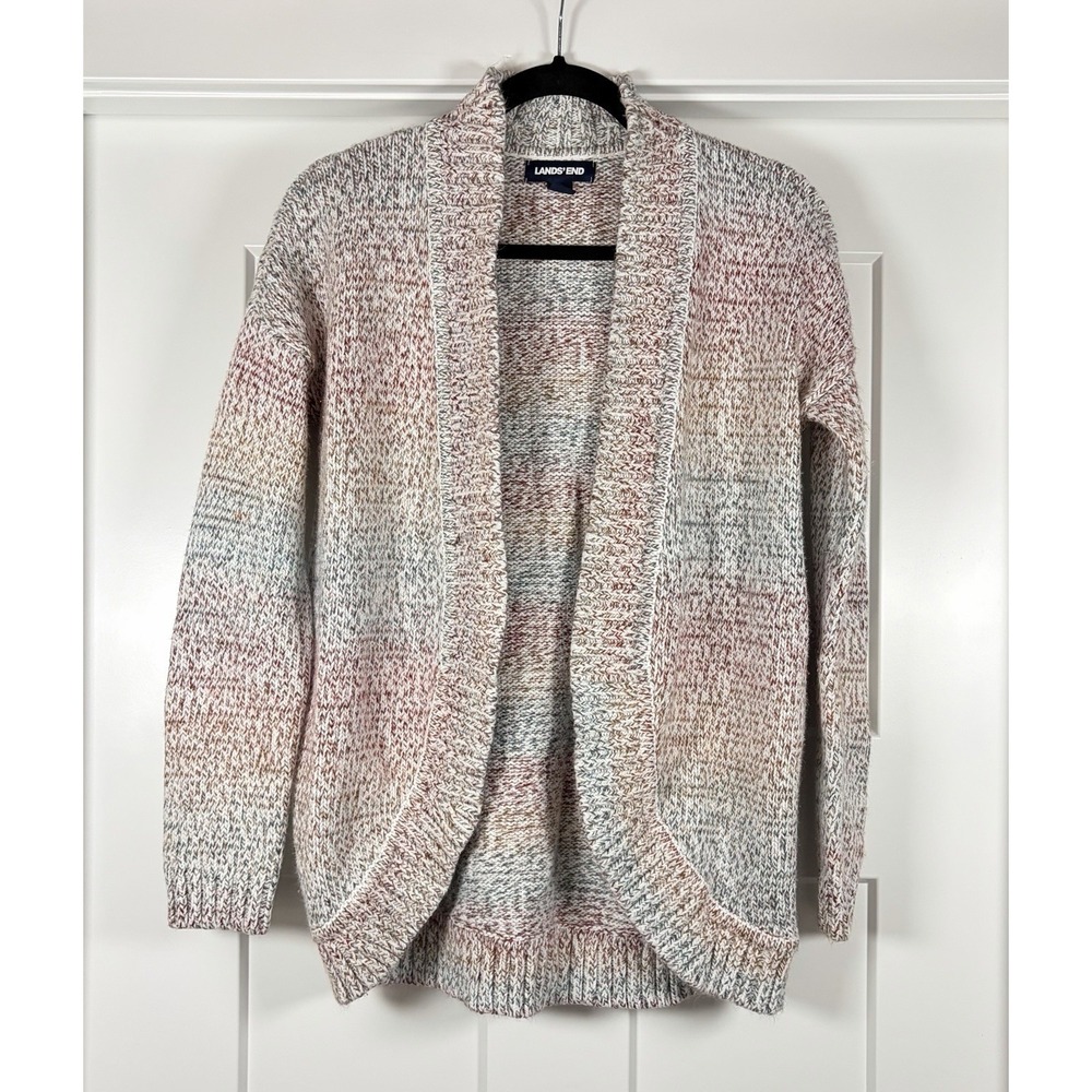 Lands End Open Front Cardigan Sweater Multicolored Marled Knit Boho Women's XS